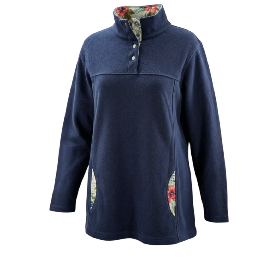 Tommy‎ Bahama Womens Navy Floral Trim Knit Mock Neck Snap Pullover Large